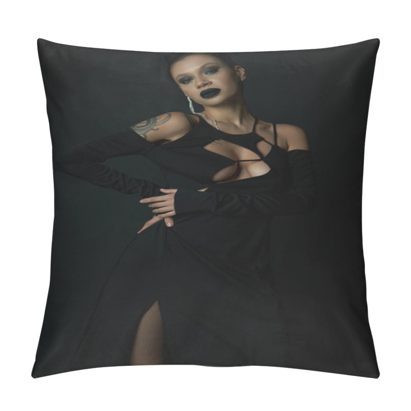 Personality  Tattooed Woman In Dark Makeup And Sexy Halloween Dress Looking At Camera In Dark Studio, Black Magic Pillow Covers