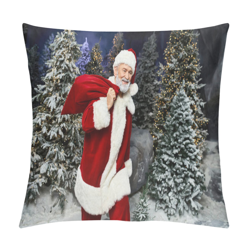 Personality  A Cheerful Figure Dressed As Santa Walks In A Winter Wonderland Surrounded By Snow Covered Trees. Pillow Covers