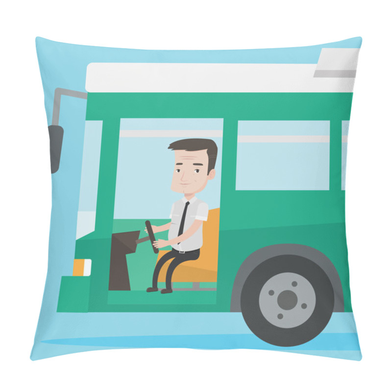 Personality  Caucasian Bus Driver Sitting At Steering Wheel. Pillow Covers