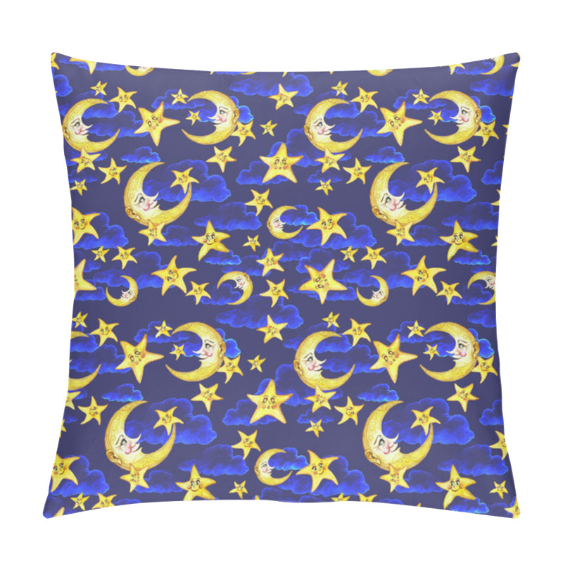 Personality  Watercolor Seamless Pattern On The Theme Of A Children's Illustration Of A Good Night, With The Moon, Month And Stars, Sleeping Stars, With Soft Toys In The Night Sky On A Pink Background Pillow Covers