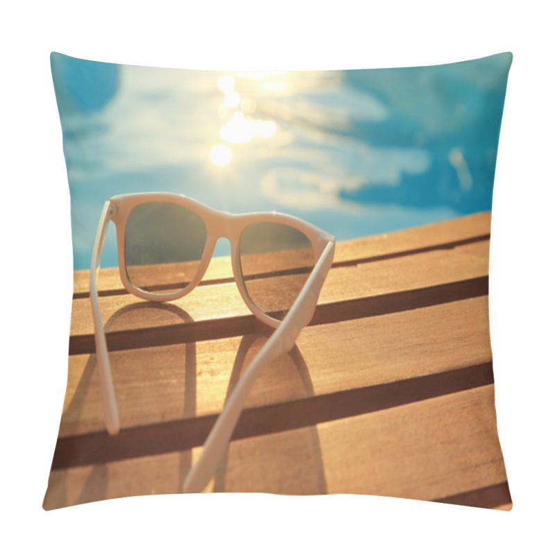 Personality  Sunglasses On Wooden Planks And Water On Sunset Pillow Covers