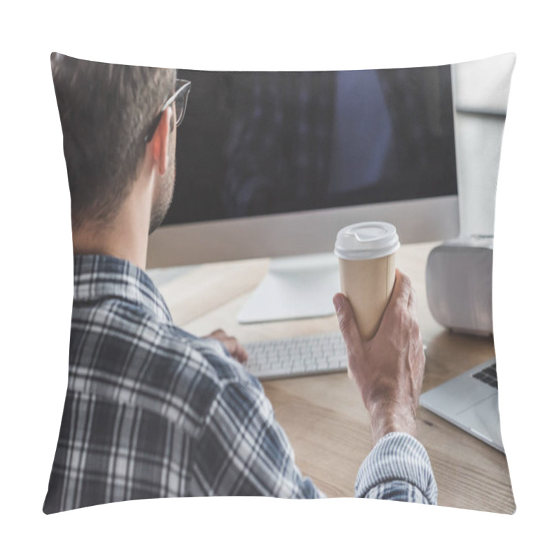 Personality  Cropped Shot Of Man In Eyeglasses Holding Coffee To Go And Using Desktop Computer Pillow Covers