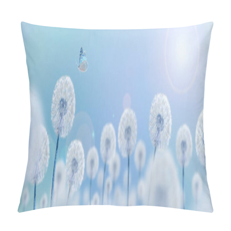 Personality  White Dandelions With Butterfly On Blue Background, Wide View, Creative Surrealism Concept Pillow Covers