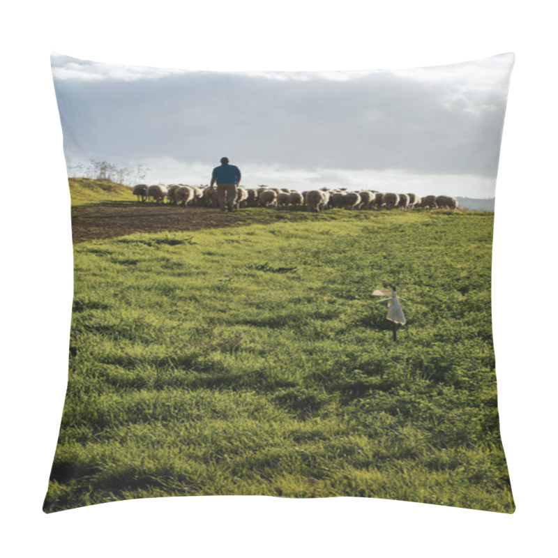 Personality  Scenic Farmland Scenery With Flock Of Shepherd Walking With Sheep And Lambs On Green Pasture In Tuscany, Italy, Europe Pillow Covers