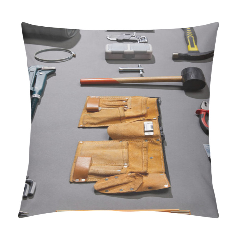 Personality  High Angle View Of Tool Belt, Hammers, Monkey Wrench, Putty Knife, Pliers, Calipers, Rivet Gun, Angle Keys And Stapler On Grey Background Pillow Covers