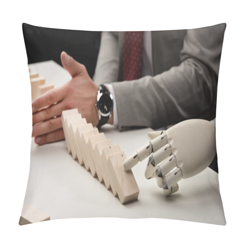 Personality  Cropped View Of Robotic Hand Pushing Wooden Bricks While Man Preventing Row From Falling Pillow Covers