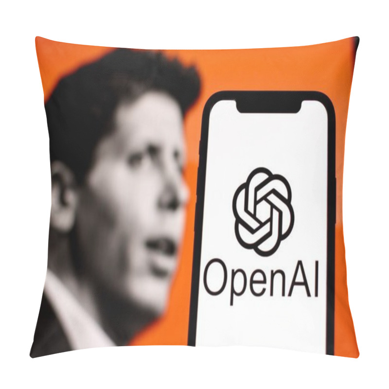 Personality  In This Photo Illustration, The OpenAI Logo Is Displayed On A Smartphone With CEO Sam Altman In The Background.Indonesia - May 22th 2024. Pillow Covers