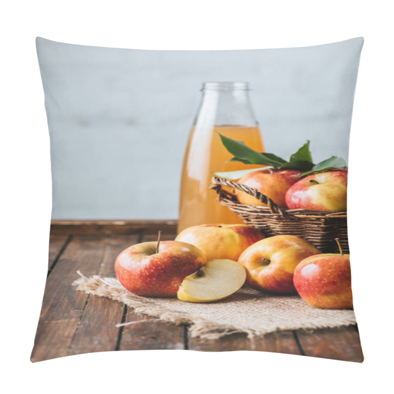 Personality  Close Up View Of Glass Bottle Of Apple Juice And Apples In Basket On Wooden Tabletop Pillow Covers