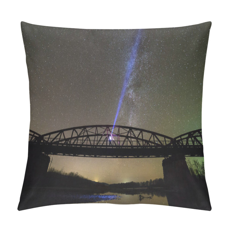 Personality  Man With Flashlight Standing On River Bank Under Illuminated Metal Bridge Under Dark Starry Sky Reflected In Water. Night Photography Concept. Pillow Covers