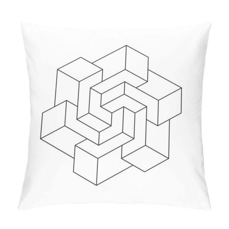 Personality  Complex Hexagonal Object Made Of Rectangles. Impossible Penrose Shape. Esher 3D Geometric Figure. Optical Illusion, Visual Trick, Op Art. L Letter Made Of Cubes Rotate. Vector Illustration, Clip Art.  Pillow Covers