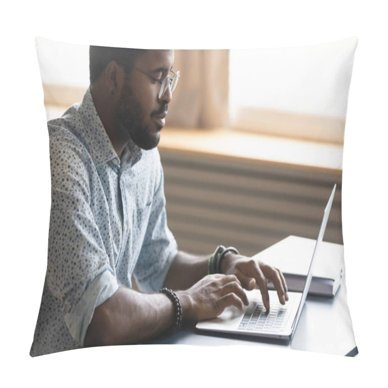 Personality  Focused African Businessman Working On Laptop Seated At Desk Pillow Covers