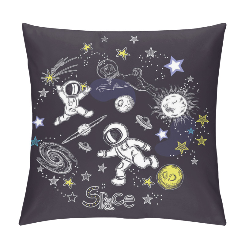 Personality  Square Card Template With The Image Of Cosmic Elements. Space Objects. Astronauts Play Football Pillow Covers