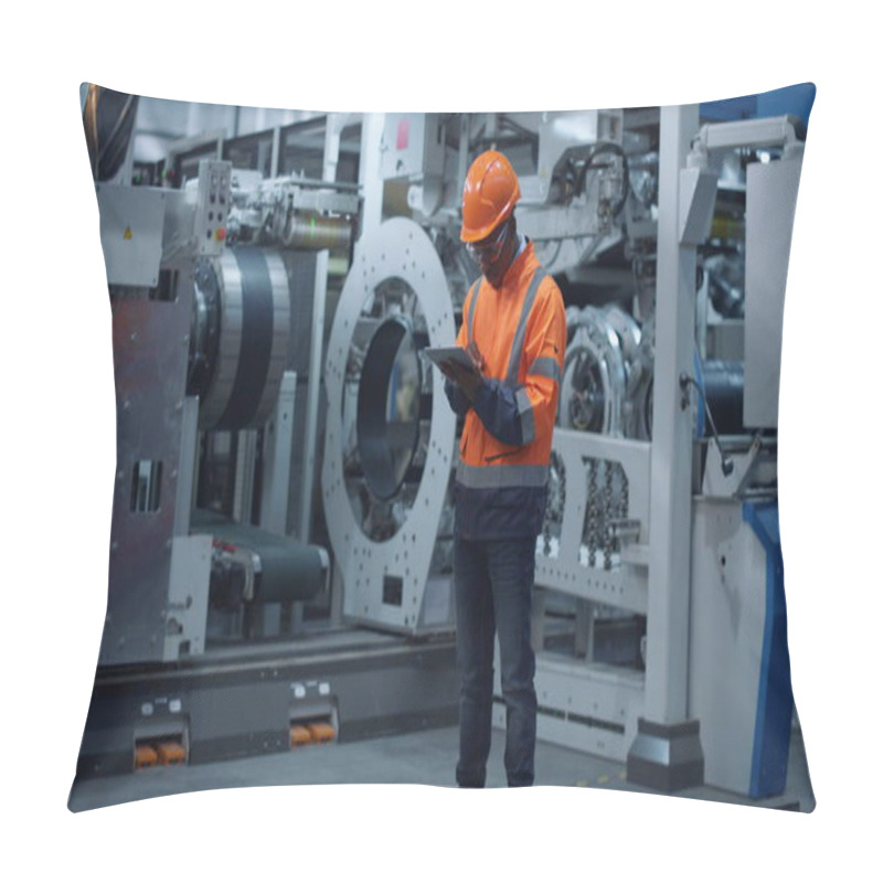 Personality  Engineer Looking Tablet Screen In Modern Factory. Production Facility Concept. Pillow Covers