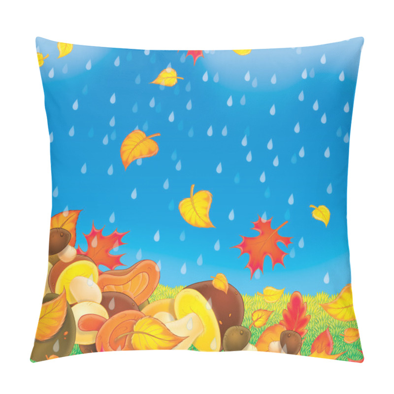 Personality  Falling Autumn Leaves And Mushrooms On A Rainy Day. Pillow Covers