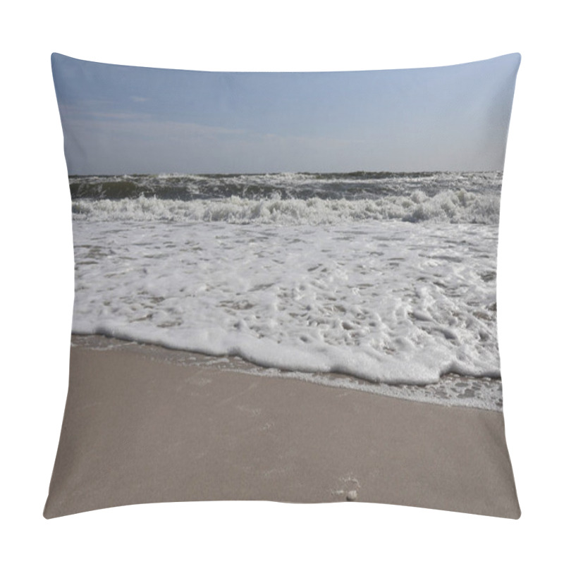 Personality  Ocean Waves With White Foam Rolling Onto A Sandy Beach Under A Clear Blue Sky, Capturing The Tranquility Of The Seaside. Pillow Covers