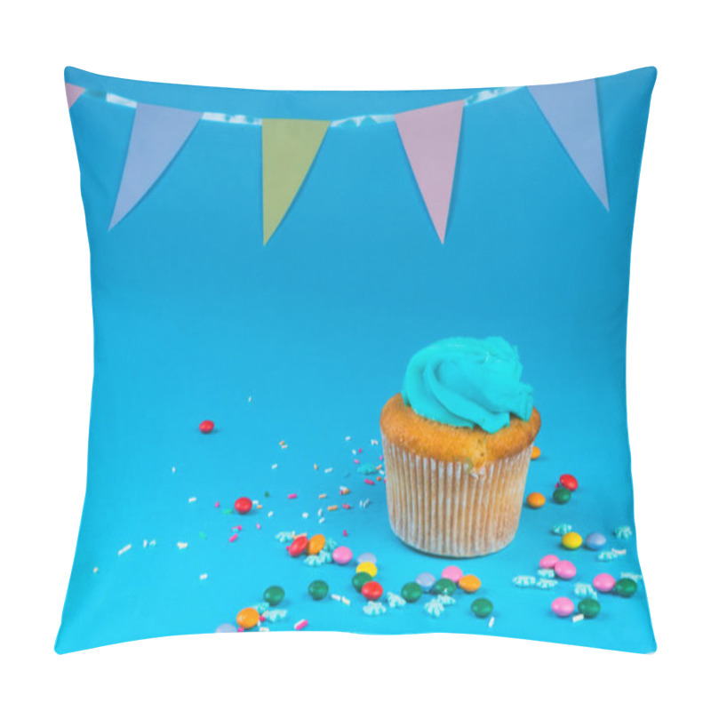 Personality  Cupcake With Whipped Cream In A Blue Background, Decorated With Sugar Snowflakes, Sprinkles, Colorful Chocolate Candies, Holiday Concept, Greeting Card Pillow Covers