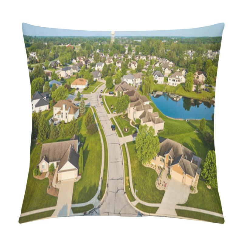 Personality  Image Of Suburban Neighborhood With Water Tower In Distance And Pond Rich Homes Aerial Pillow Covers