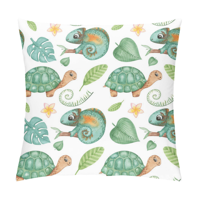 Personality  Watercolor Seamless Pattern Of Chameleon, Turtle, Tropical Plants. Jungle Cute Reptiles Background, Baby Textile Pattern, Fabric Print, Kids Wallpaper, Nursery Pillow Covers