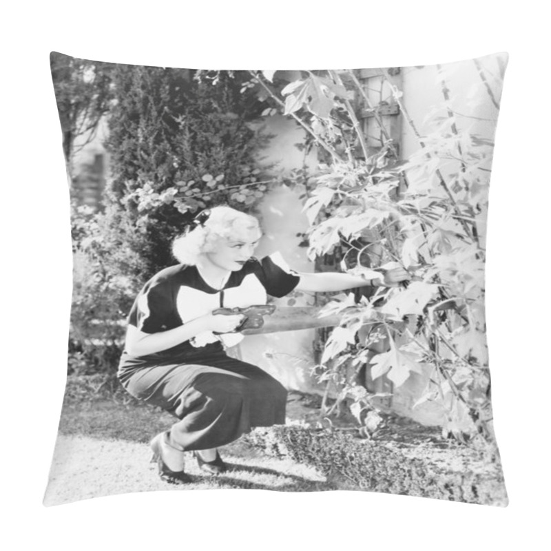 Personality  Young Woman With A Big Saw Trying To Cut Flowers Pillow Covers