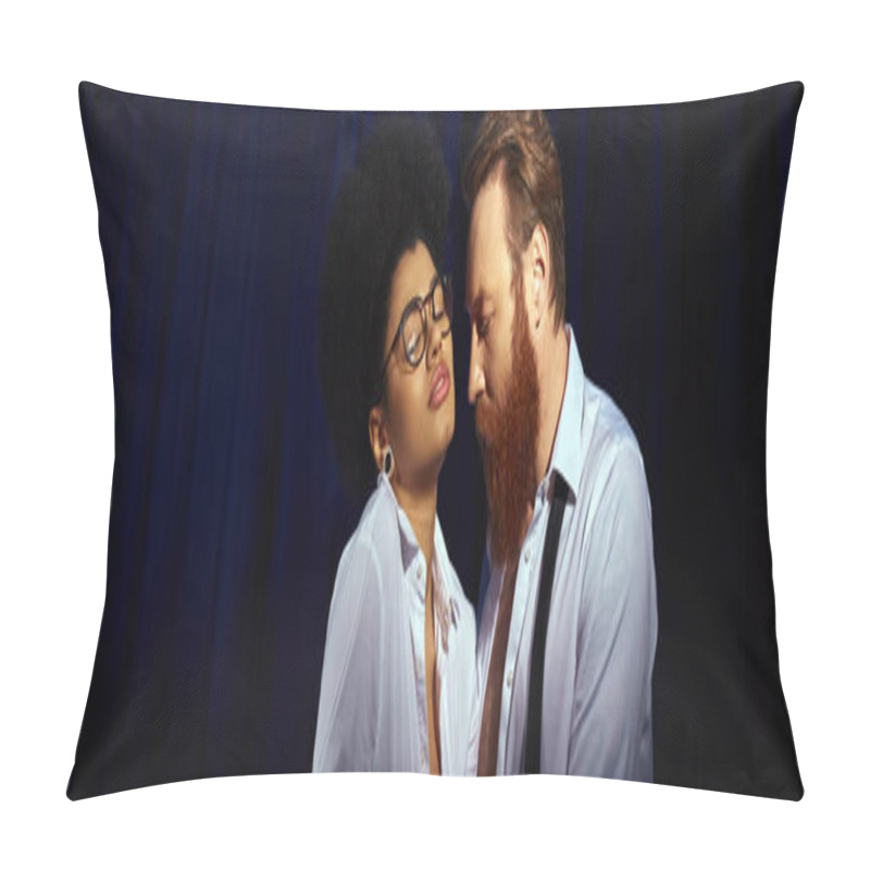 Personality  Seductive African American Woman In Eyeglasses Flirting Near Bearded Businessman In Office, Banner Pillow Covers