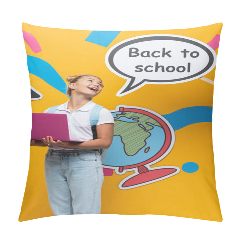 Personality  Schoolchild With Laptop Looking At Speech Bubble With Back To School Lettering And Paper Art On Yellow Background Pillow Covers