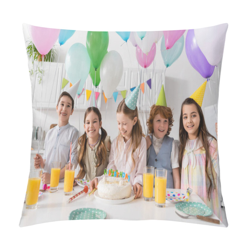 Personality  Group Of Cheerful Kids Having Fun During Birthday Party Next To Balloons At Home  Pillow Covers