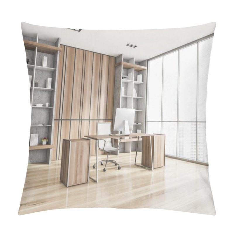 Personality  Corner Of Luxury Scandinavian Style CEO Office With Stone And Wooden Walls, Computer Desk And Two Bookcases. Panoramic Window With Blurry Cityscape. 3d Rendering Pillow Covers