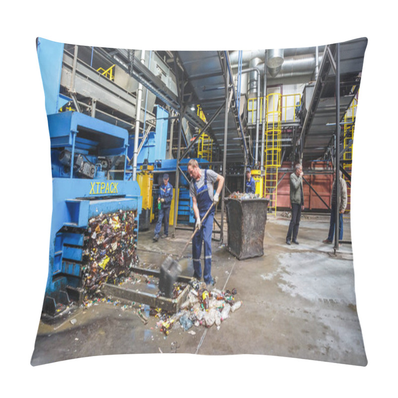 Personality  GRODNO, BELARUS - OCTOBER 2018: Workers Near Garbage Press On Modern Waste Recycling Processing Plant. Separate Garbage Collection. Recycling And Storage Of Waste For Further Disposal.  Pillow Covers