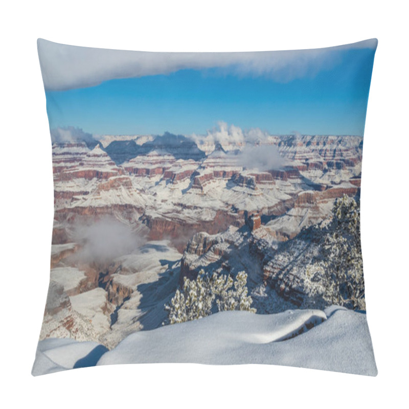 Personality  Grand Canyon In Winter, Viewed From The South Rim. Snow Covers The Canyon Walls. Clouds Clinging To The Canyon, And Overhead In The Blue Sky. Edge Of The Rim  And Bushes Covered With Snow.  Pillow Covers