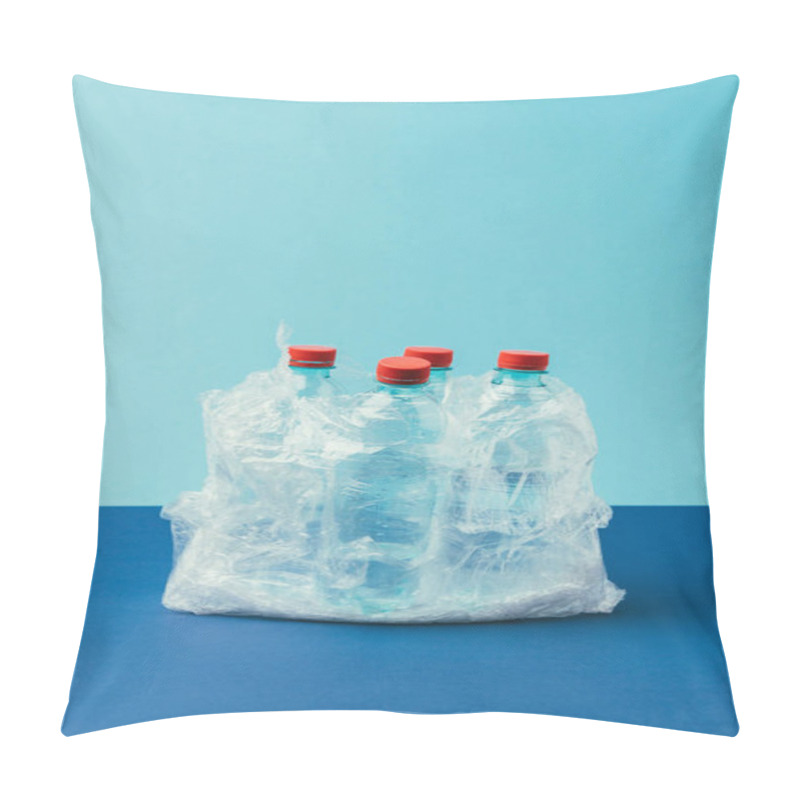 Personality  Close Up View Of Plastic Bottles In Plastic Bag On Blue Background, Recycle Concept Pillow Covers