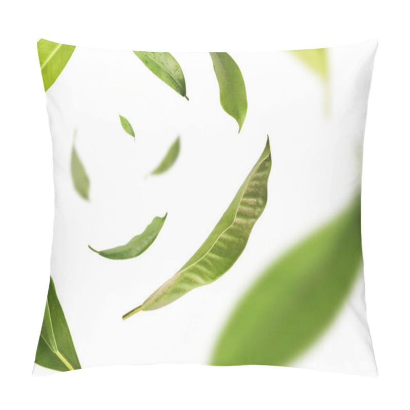 Personality  Vividly Flying In The Air Green Tea Leaves Isolated On White Bac Pillow Covers