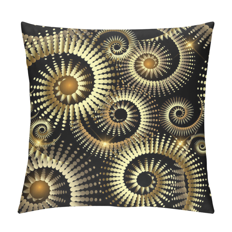 Personality  Gold Luxury 3d Abstract Vector Seamless Pattern. Ornamental Spiral Shapes Shiny Background. Halftone Line Art Tracery Surface Dotted Ornament. Textured Geometric Repeat Backdrop. Modern Spirals Design Pillow Covers