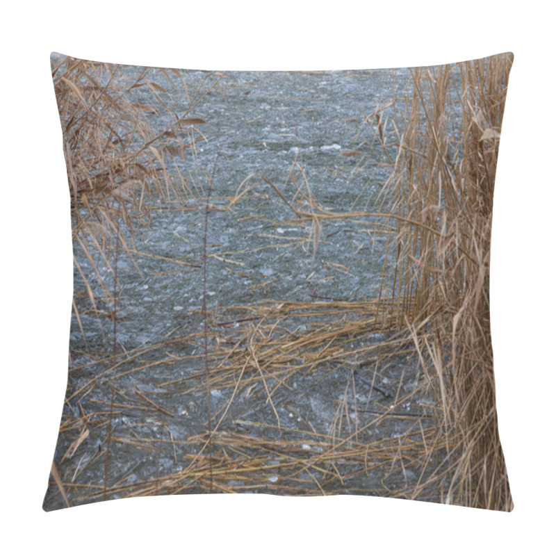 Personality  Reeds Growing Out Of The Water On A Frozen Lake Pillow Covers