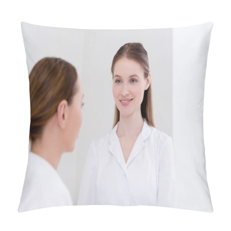 Personality  Selective Focus Of Smiling Cosmetologist And Client In Salon Pillow Covers