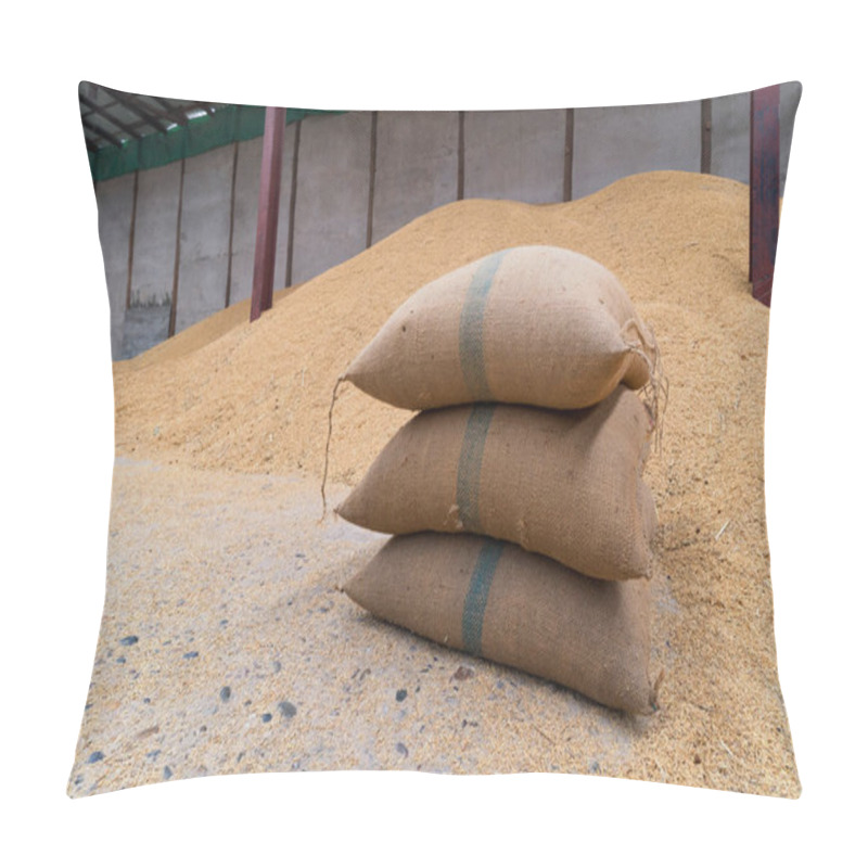 Personality  Rice In A Sack That Is In A Warehouse For Storing Rice. Canvas Bags Stacked In A Pile. Pillow Covers