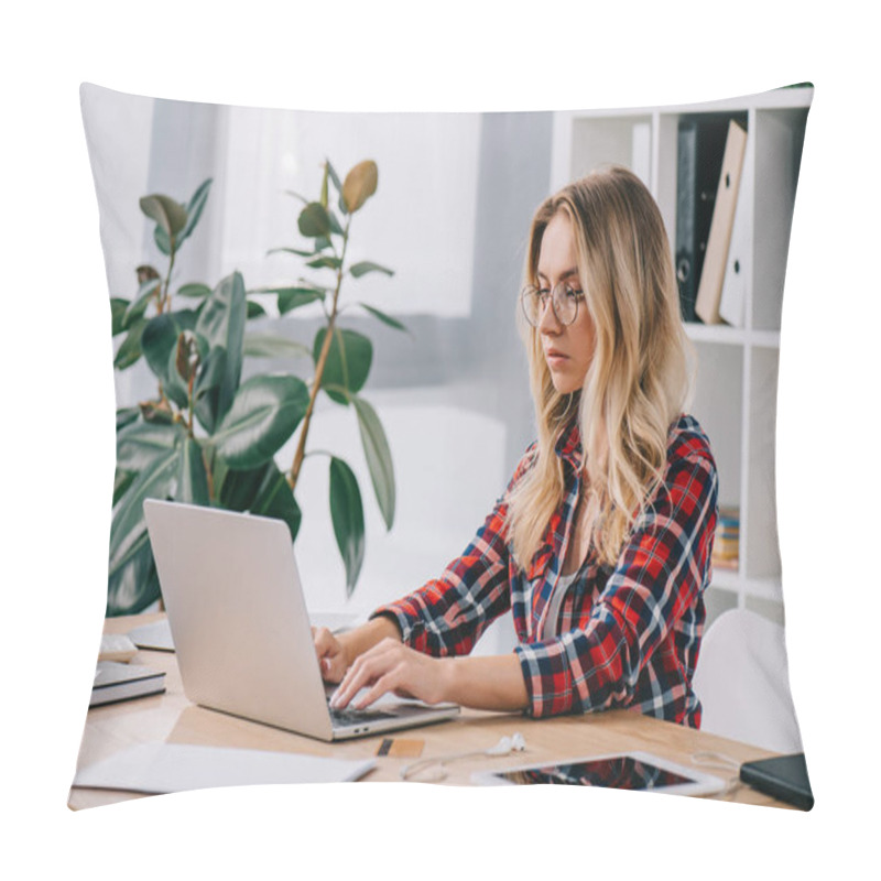 Personality  Focused Businesswoman Using Laptop While Taking Part In Webinar Pillow Covers