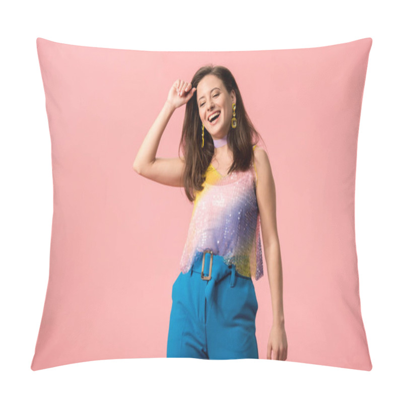 Personality  Excited Young Stylish Disco Girl Dancing Isolated On Pink Pillow Covers