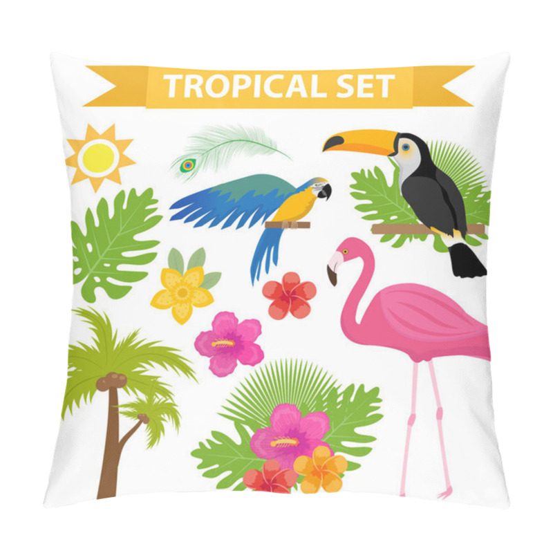 Personality  Tropical Icon Set With Birds And Flowers, Flat, Cartoon Style. Exotic Collection Of Design Elements With Toucan, Parrot, Plant, Flamingo, Flower. Paradise Objects. Vector Illustration. Pillow Covers