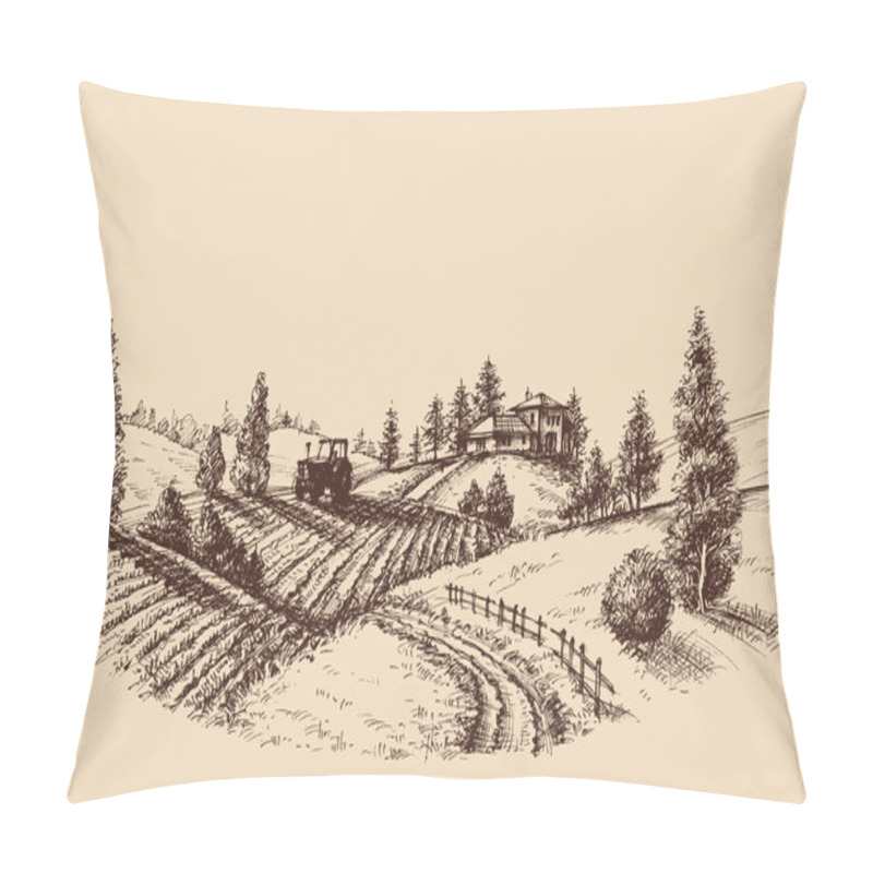 Personality  Farm Landscape Etch, Agriculture Scene Pillow Covers