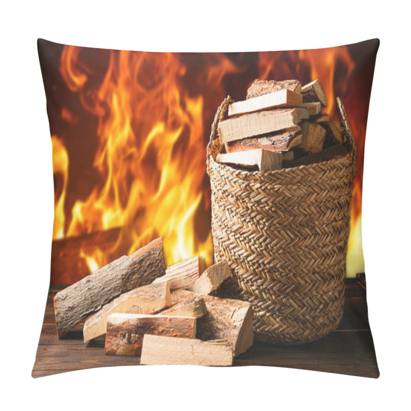 Personality  Dry Wood And Burning Fire On Background. Cozy Atmosphere Pillow Covers