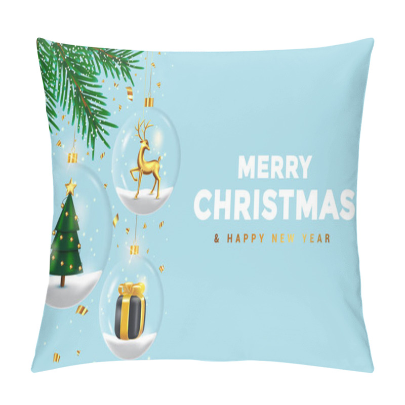 Personality  Christmas Transparent Balls With Fir Tree, Deer And Gift Box Inside On The Snow, Conffeti Are Falling. Holiday Xmas Background. Vector 3d Illustration Pillow Covers