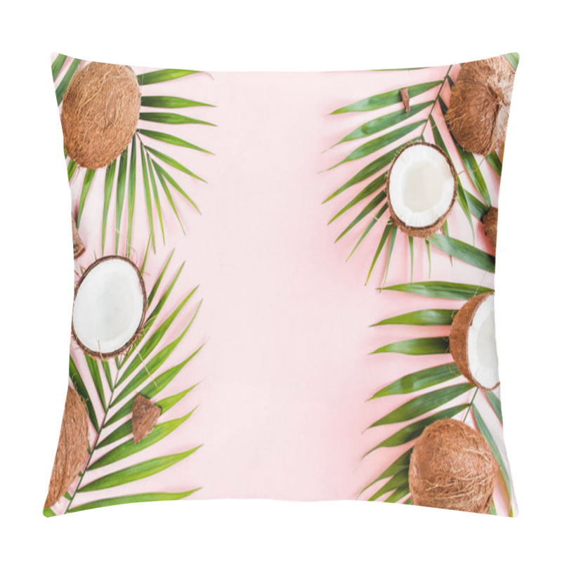 Personality  Pattern, Frame Borders With Coconuts And Tropical Palm Leaves On Pink Background. Tropical Abstract Background. Flat Lay, Top View. Pillow Covers