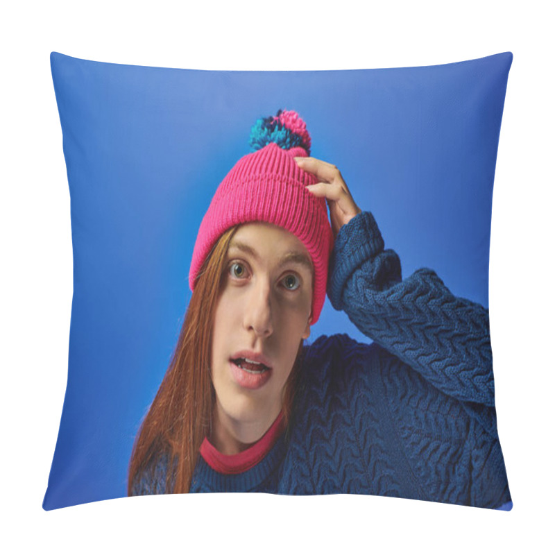 Personality  A Young Man Showcases His Emotions While Posing Against A Bright Blue Background. Pillow Covers