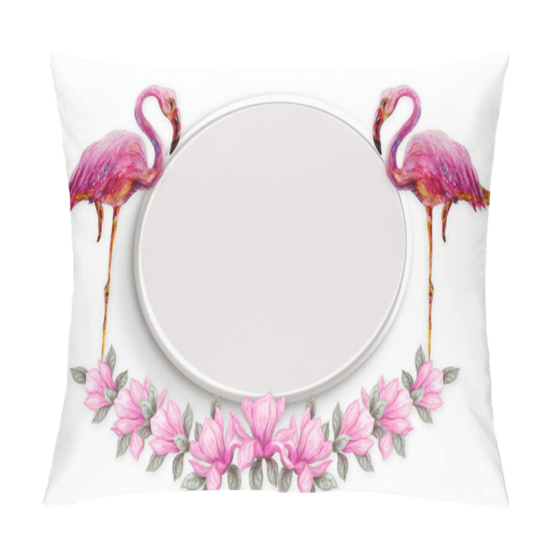 Personality  Two Pink Flamingos Stands In Floral Frame Of Magnolia Flowers Is Pillow Covers