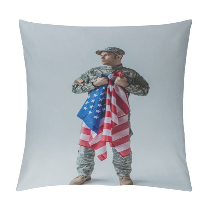 Personality  Full Length Of American Soldier Holding Flag Of United States During Memorial Day On Grey  Pillow Covers