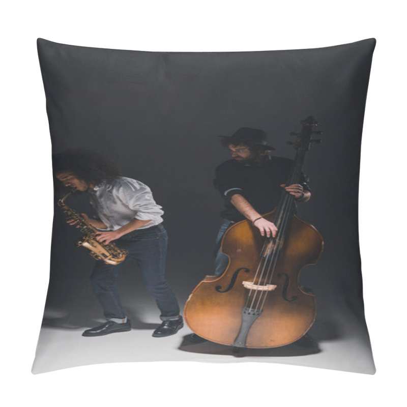 Personality  Duet Of Jazzmen Playing Trumpet And Saxophone On Black Pillow Covers