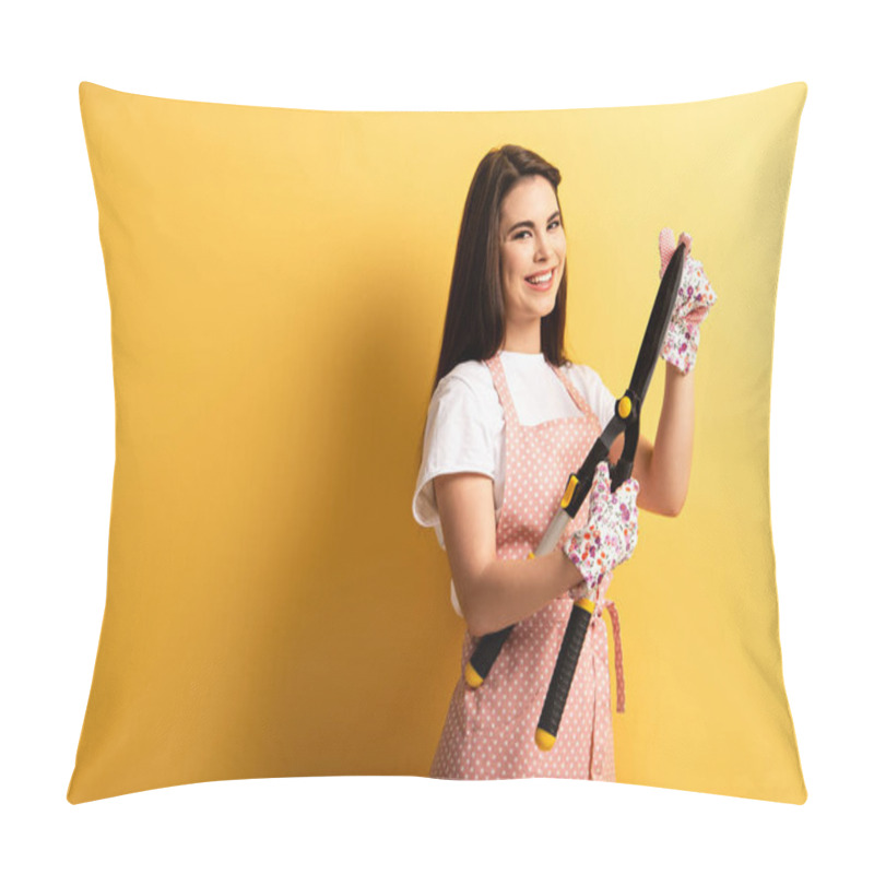 Personality  Cheerful Girl In Apron And Textile Gloves Holding Gardening Scissors On Yellow Background Pillow Covers