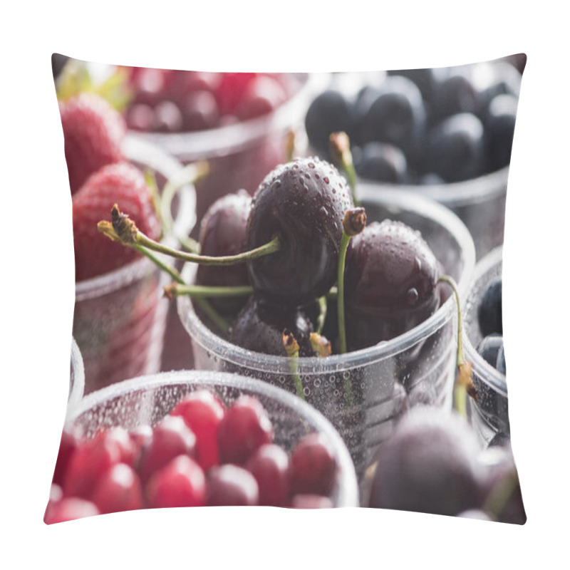 Personality  Selective Focus Of Cranberries, Strawberries, Blueberries And Washed Cherries In Plastic Cups  Pillow Covers