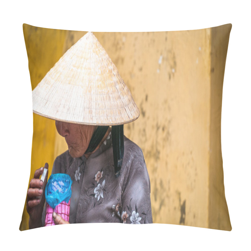 Personality  Old Poor Woman In Conical Hat Holding Pink Jar. Pillow Covers