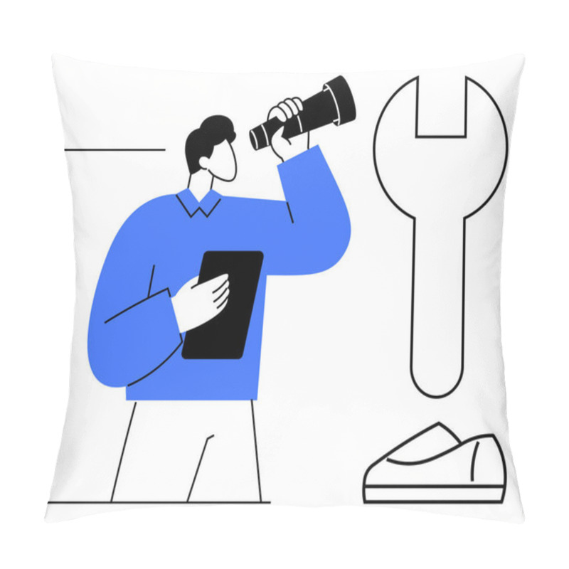 Personality  Businessman Holding A Tablet And Looking Through A Telescope, Adjacent To Giant Wrench And Shoe Symbols. Ideal For Business Strategy, Innovation, Vision, Problem-solving, Tools, Engineering Pillow Covers